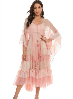 Pink Long Sleeve Transparent Chiffon Dress With Cami