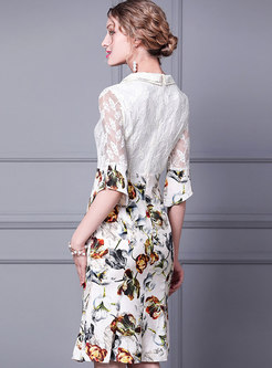 V-neck Lace Patchwork Print Bodycon Dress