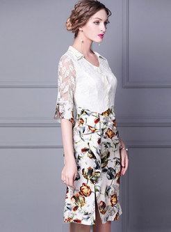 V-neck Lace Patchwork Print Bodycon Dress