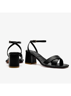 Square Toe Cross Leather Chunky Heel Sandals