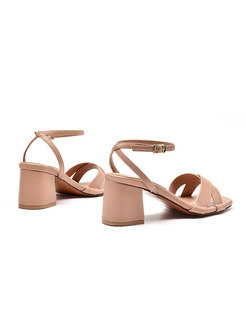 Square Toe Cross Leather Chunky Heel Sandals