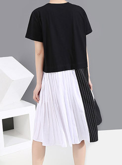 Short Sleeve Striped Patchwork Shift T-shirt Dress
