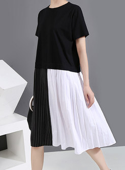 Short Sleeve Striped Patchwork Shift T-shirt Dress