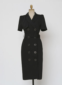 Work Notched Collar Double-breasted Dress