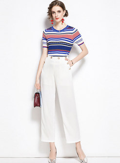 Crew Neck Striped Slim T-shirt & High Waisted Tapered Pants