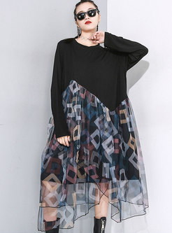 Long Sleeve Geometric Print Shift T-shirt Dress