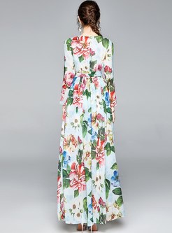 Bohemian Long Sleeve Print Chiffon Beach Maxi Dress