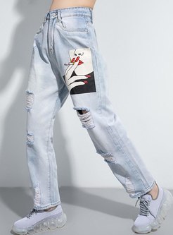 High Waisted Print Straight Ripped Jeans