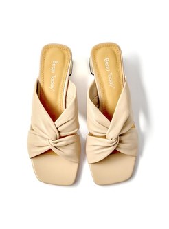 Square Toe Bowknot Leather Chunky Heel Slippers