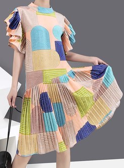 Flare Sleeve Geometric Print Pleated Dress
