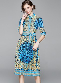 Retro Lapel Bowknot Leopard Pleated Midi Dress