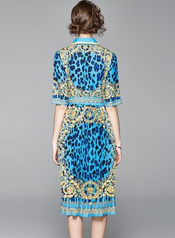 Retro Lapel Bowknot Leopard Pleated Midi Dress