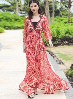 V-neck Long Sleeve Floral Beach Maxi Dress