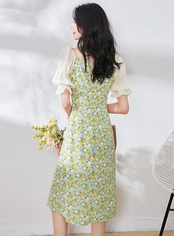  Puff Sleeve Floral High Waisted Midi Dress