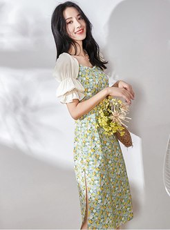  Puff Sleeve Floral High Waisted Midi Dress
