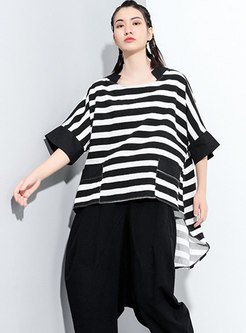 Plus Size Striped Pullover Asymmetric T-shirt