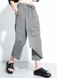  Elastic High Waisted Plaid Straight Cropped Pants