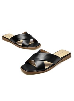 Square Toe Cross Leather Flat Slippers
