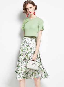 Cold Shoulder Slim Floral Ruffle A Line Skirt Suits