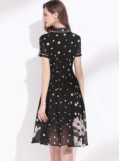 Black Lapel Polka Dot Print Chiffon Dress