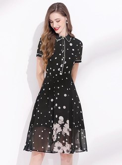 Black Lapel Polka Dot Print Chiffon Dress