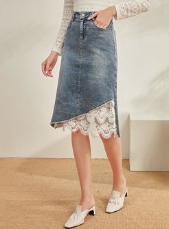 Casual Lace Patchwork Denim Straight Skirt