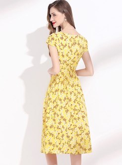 Yellow V-neck Floral Knee-length Skater Dress