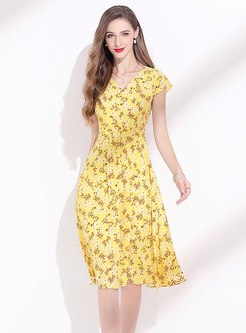 Yellow V-neck Floral Knee-length Skater Dress