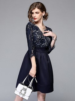 Solid Color Lace Openwork A Line Dress