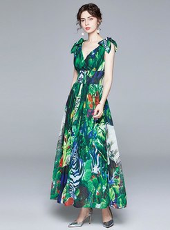 Green Print Sleeveless Chiffon Beach Maxi Dress