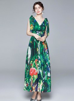 Green Print Sleeveless Chiffon Beach Maxi Dress