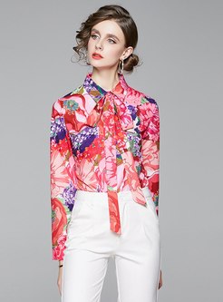Bowknot Tied Print Single-breasted Blouse