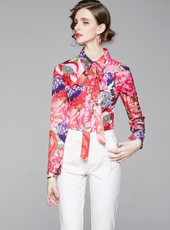 Bowknot Tied Print Single-breasted Blouse