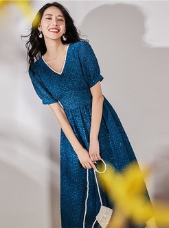 Blue Puff Sleeve A Line Midi Dress