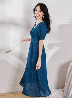Blue Puff Sleeve A Line Midi Dress