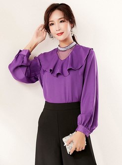 Ruffle Mesh Patchwork Pullover Loose Blouse