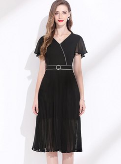 Black Ruffle Sleeve A Line Chiffon Dress