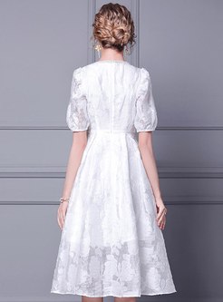 White Puff Sleeve Beaded A Line Knee-length Dress