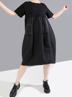 Black Short Sleeve Shift Knee-length Dress