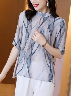 Print Half Sleeve Pullover Silk Blouse