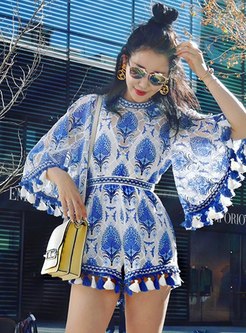 Mock Neck Fringed Embroidered Rompers