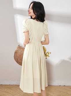 Square Neck Lace Patchwork Puff Sleeve Dress