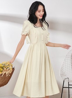 Square Neck Lace Patchwork Puff Sleeve Dress