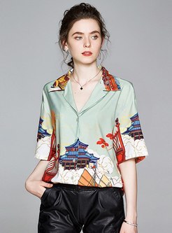 Notched Print Half Sleeve Loose Blouse