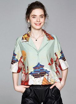 Notched Print Half Sleeve Loose Blouse
