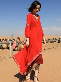 Red Embroidered Bohemian Beach Maxi Dress