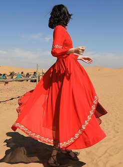 Red Embroidered Bohemian Beach Maxi Dress