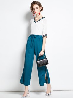 V-neck Pullover Chiffon Blouse & High Waisted Pants