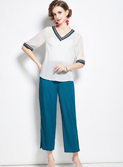 V-neck Pullover Chiffon Blouse & High Waisted Pants