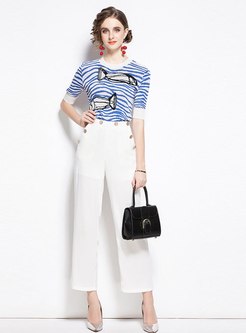 Striped Pullover Print Knitted T-shirt & Straight Pants